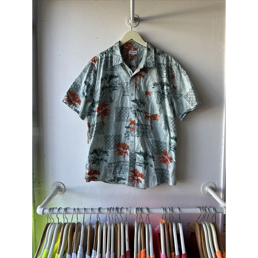 Haggar Men's SS‎ Button Down Shirt XXL Light Blue Hawaiian Aloha Check Cotton